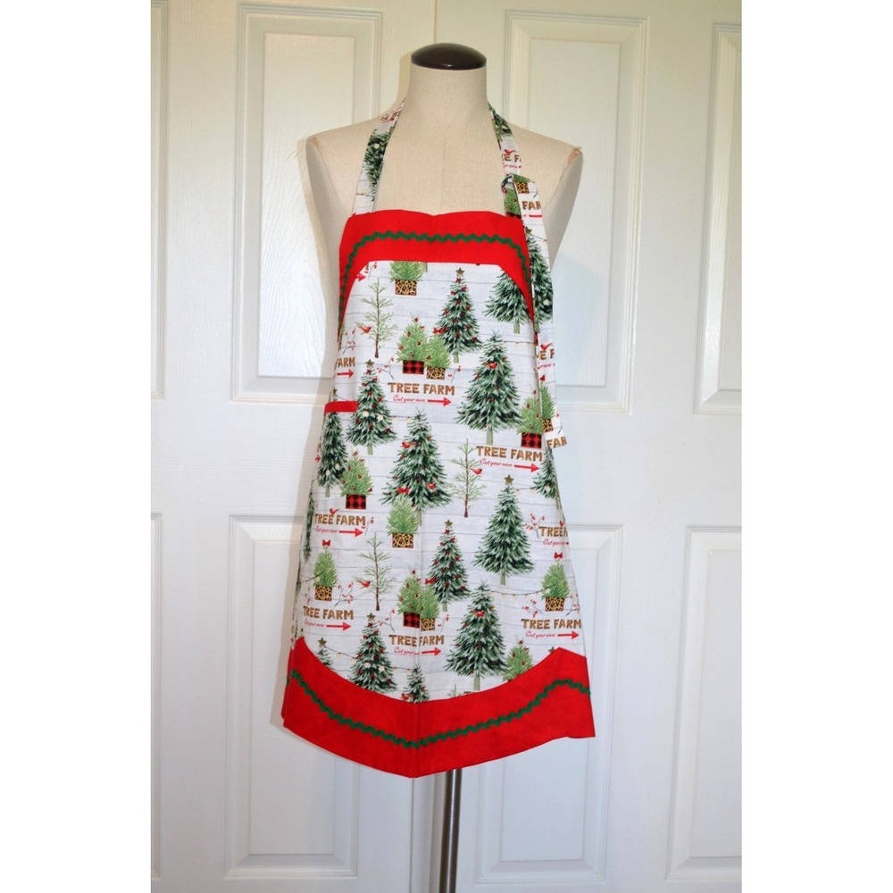 Handmade Full Bib Apron White w/ Christmas Tree Farm Red Trim Green Rick Rack